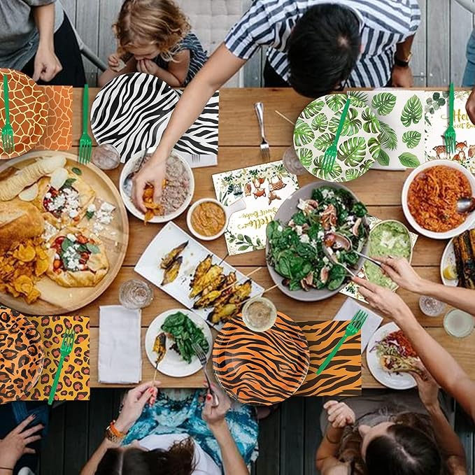 100Pcs Jungle Safari Wild Animal Party Supplies Disposable jungle zoo animal Print Paper Plates and Napkins for Birthday Party, Baby Shower and jungle safari theme party decorations