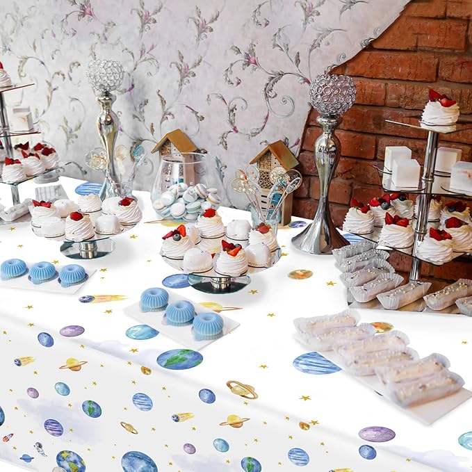 ZOIIWA 3 Piece First Trip Around The Sun Birthday Tablecloth 1st Space Birthday Plastic Disposable Outer Space Table Cover Solar System Table Decoration for Boho Sun Theme Party Baby Shower Supplies