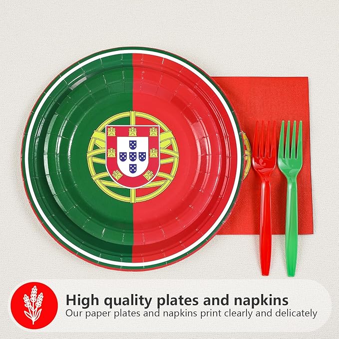 96Pcs Portugal Flag Party Supplies Portuguese Flag Plates and Napkins National Country Decoration Portugal Theme Red and Green Tableware Set for Patriotic Festival Party Supplies，Serves 24