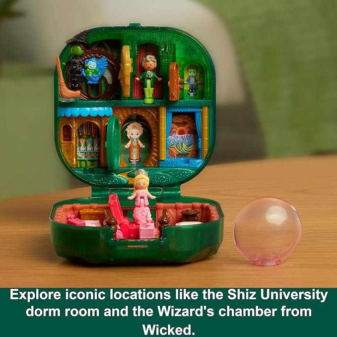 Polly Pocket Wicked x Collector Compact, Micro Dolls and Playset, 2 Themed Accessories, Iconic Shiz & Oz Locations, Glinda, Elphaba, & The Wizard