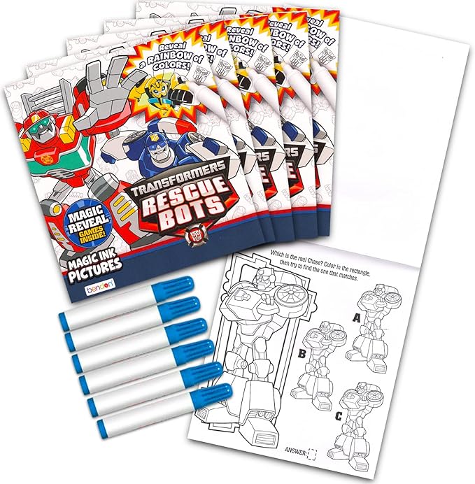 Bendon Transformers Rescue Bots Imagine Ink Coloring Book Set - 12 Pack No-Mess Magic Ink Coloring Books featuring Rescue Bots and More (Transformers Favors)