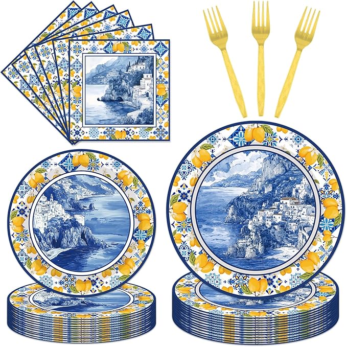 96 Pcs Amalfi Coast Party Decorations, Capri Lemon Plates and Napkins Tableware Set, Capri Lemon Party Supplies for Kids Birthday Baby Shower, Disposable Dinnerware Serve 24 Guests