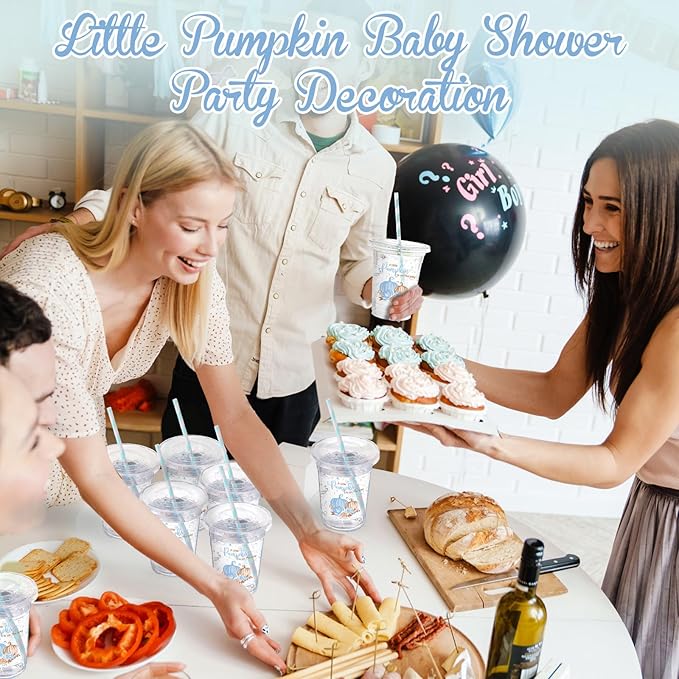 Yungyan 50 Pcs 16 oz Blue Little Pumpkin Baby Shower Plastic Cups with Lids and Straws a Sweet Little Pumpkin Is on the Way Cups Disposable for Fall Thanksgiving Baby Shower Party Decoration Supplies