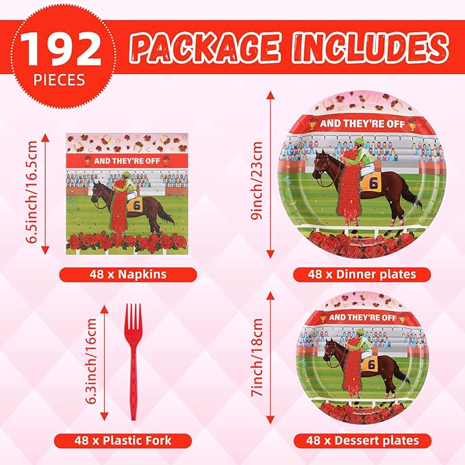 Roshtia 192 Pcs Derby Party Supplies for Horse Racing Party Decorations Derby Day Party Tableware Set Horse Theme Birthday Party Paper Plates Napkins Fork for 48 Guests (Roses)