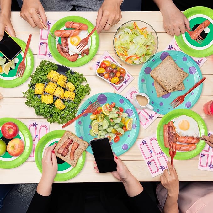 Monster Birthday Party Supplies - 96pcs Paper Plates Napkins Plastic Forks Kids Girl Boy Little Birthday Party Table Decorations Monster Themed Disposable Cake Tableware Set for 24 Guests