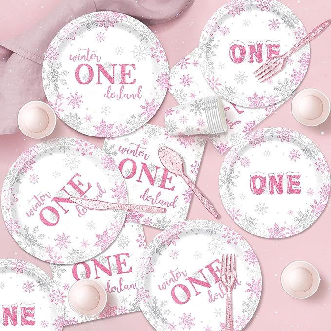 168pcs Winter Onederland Party Supplies Pink and Silver Snowflake Plates Napkins Disposable Tableware Set Paper Cups Winter Onederland 1st Birthday Party Supplies for Girls Birthday Decor Serves 24