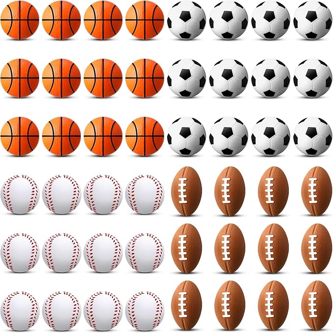 Blulu 48 Pack Small Sports Stress Balls for Kids Mini Footballs Baseball Soccer Basketball Sports Party Favor Gifts Small Foam Squeeze Anxious Toy for Classroom Reward Sport Party Supplies(2.5 Inch)