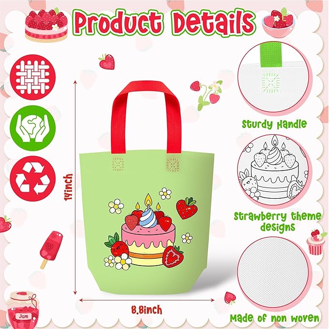 Strawberry Coloring Goodie Bags for Kids - 24Pcs Valentine's Day Strawberry Bulk Color Your Own Gift Bags with Handle FruitsTheme Reusable Coloring Bag Non Woven Tote Bag for DIY Crafts Party Favors
