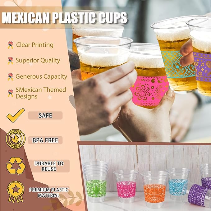 100 Pack Fiesta Plastic Cups, Mexican Papel Picado Disposable Clear Cups with 5 Pattern Designs for Cinco de Mayo, Taco Theme Birthday Party Decorations, 12OZ