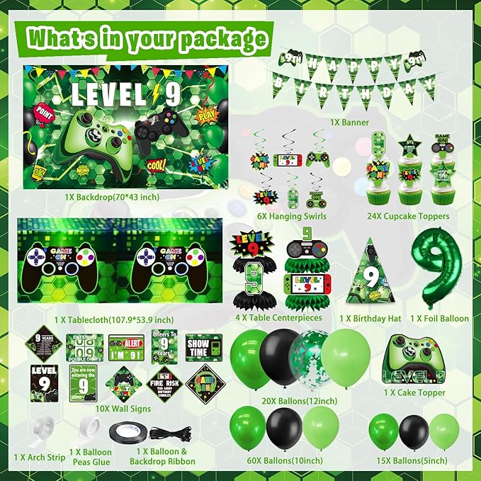 9th Birthday Decorations for Boys, 148Pcs Green Video Game level 9 Party Supplies for Boy 9th Birthday - Backdrop, Banner, Balloons, Tablecloth, Centerpieces, Hanging Swirl, Hat, Wall Signs