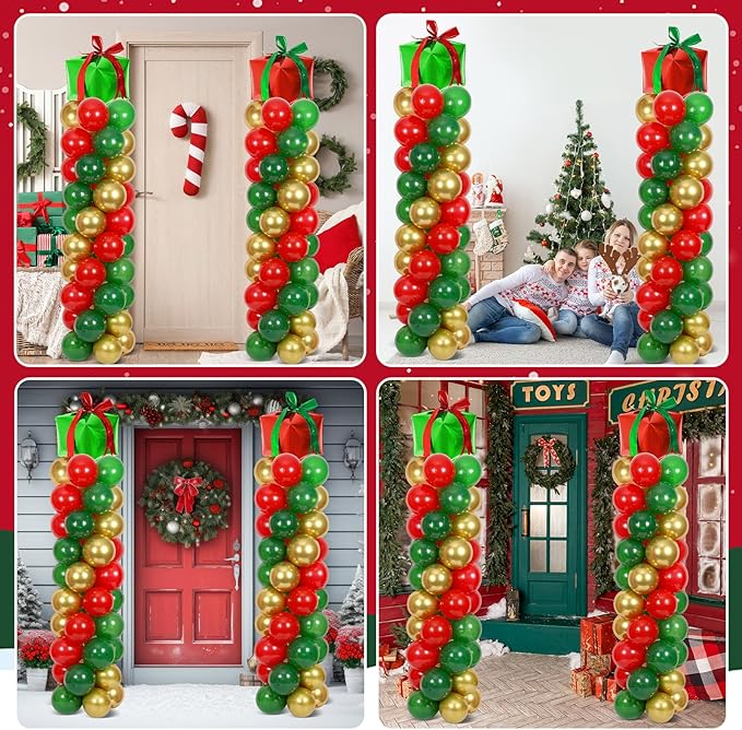 2 Sets Christmas Party Balloon Column Stand Kit With 102 Christmas Gift Boxes Foil Balloons 5.57Ft Adjustable Balloon Tower Stand With Base Adjustable Arch Column for Xmas Birthday Party Supplies