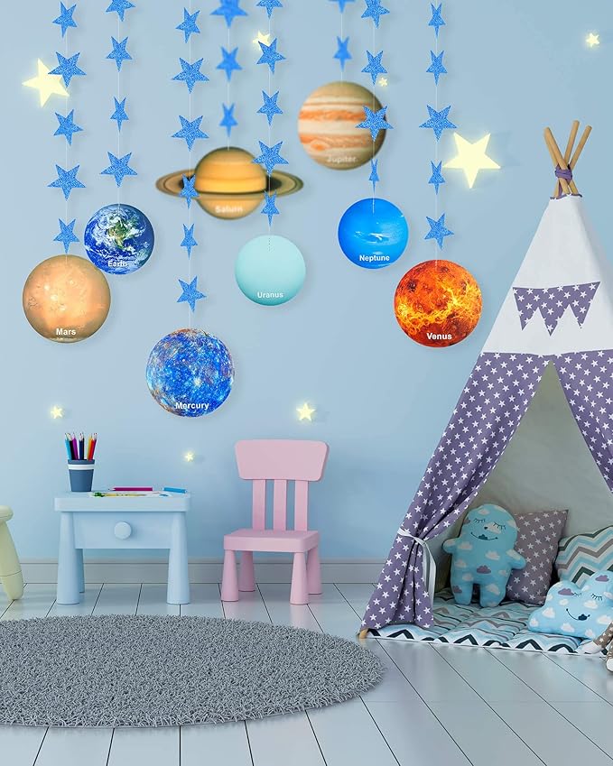 Solar System Decoration Banner, Eight Planet Garland with Blue Shimmer Star, Premium Paper Galaxy Outer Space Garland for Kids Bedroom Decor, Astronaut Birthday Party Supplies, SONGTIY