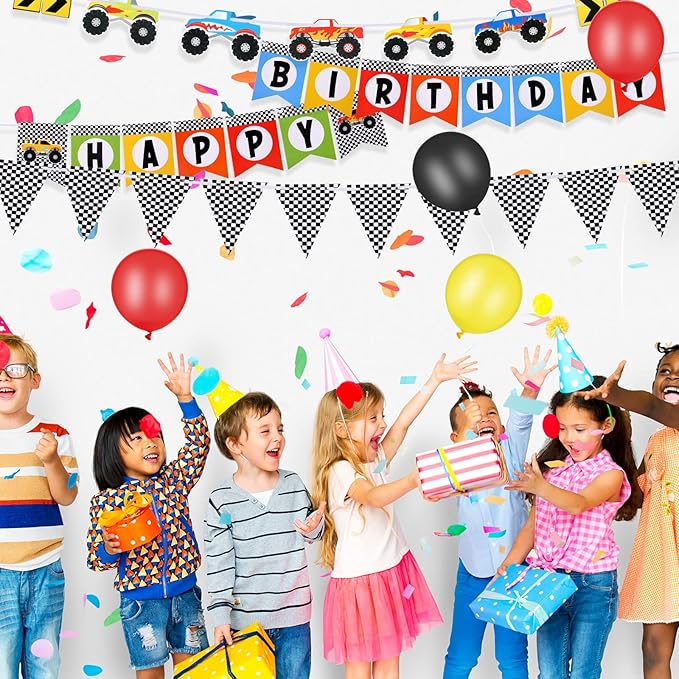 Skylety Monster Truck Birthday Party Supplies Truck Birthday Banner Triangle Bunting Hanging Swirls Multicolor Balloons Honeycomb Table Centerpieces Paper Fans