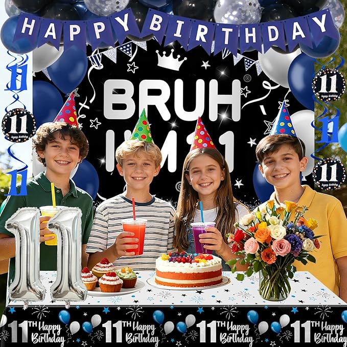 11th Birthday Decorations for Boys & Girls, 54 PCS Blue Black Party Decorations, 11 Year Old Boy Birthday Party Supplie with Banner Backdrop, Hanging Swirls, Tablecloth, Bruh I'm 11 Party Supplies