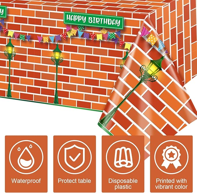 Funrous Red Brick Wall Street Party Decorations Cartoon Street Birthday Plastic Tablecloth 54 x 108 Inch Disposable Waterproof Rectangle Table Cover for Cartoon Friends Themed Birthday Party Supplies