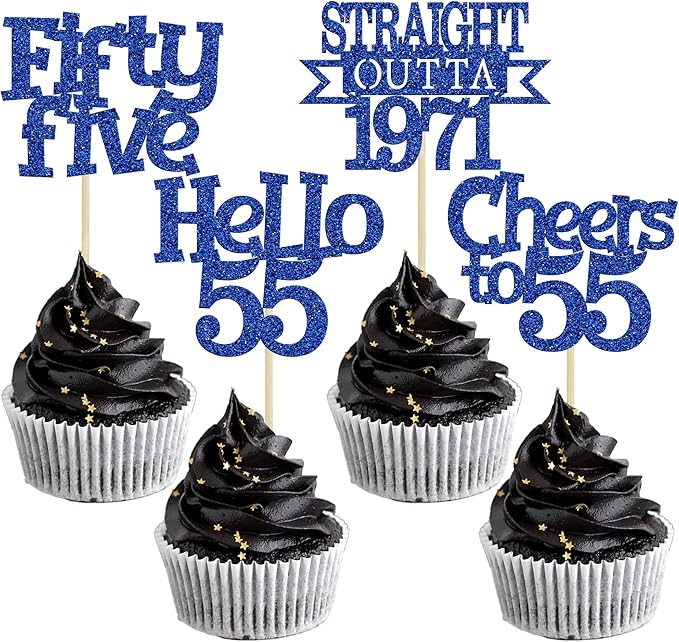 Ephlyn 24Pcs 55th Birthday Cupcake Toppers Glitter Straight Outta 1971 Cupcake Picks Hello 55 Cheers to 55 Years Cake Decorations for 55th Birthday Anniversary Party Decorations Supplies Blue