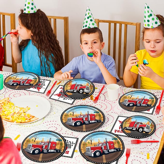 gisgfim 96 Pcs Semi Truck Party Supplies Paper Plates Napkins Tractor Trailer Themed Party Birthday Decorations Favors for Kids Semi Truck Party Decor Serves 24