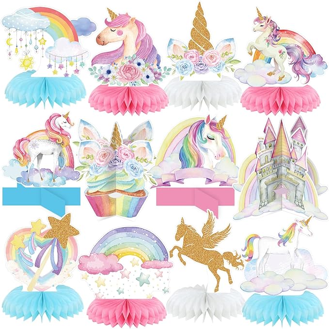 Pickmesh 12 Pcs Unicorn Birthday Party Decorations Unicorn Honeycomb Centerpieces 3D Pastel Double Sided Rainbow Cloud Cupcake Castle Table Decoration Table Topper for Princess Birthday Party Supplies