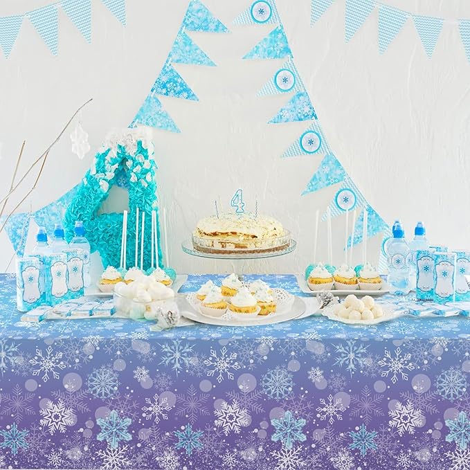 3PCS Winter Frozen Tablecloth Decorations, Blue and Purple Snowflake Winter Wonderland Disposable Rectangular PE Table Cover for Christmas Holiday New Year Birthday Party Decorations, 51.2x 86.6inch
