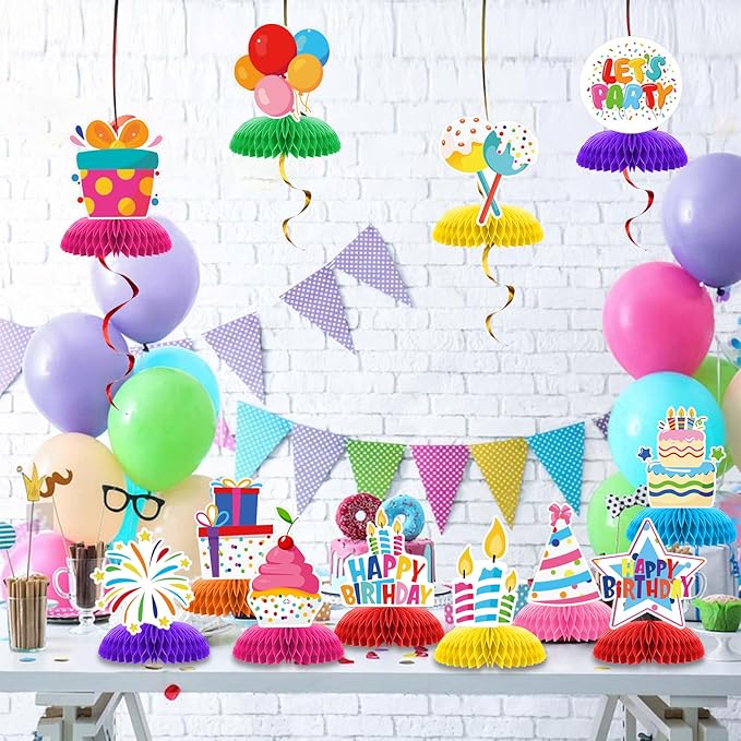 12 Pcs Happy Birthday Party Decorations, Colorful Happy Birthday Decorations, Table Honeycomb Centerpieces Decor Table for Party Supplies for Women Men The Kids' Boys Girls