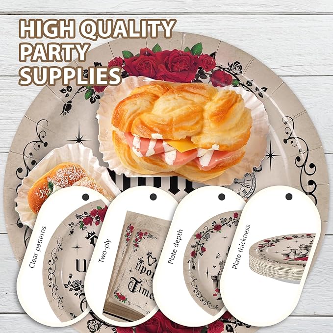 96Pcs Once Upon a Time Decorations Fairytale Birthday Plates and Napkins Retro Castle Princess Red Rose Decorations Tableware Sets for Birthday Wedding Bridal Shower Party Supplies Serves 24