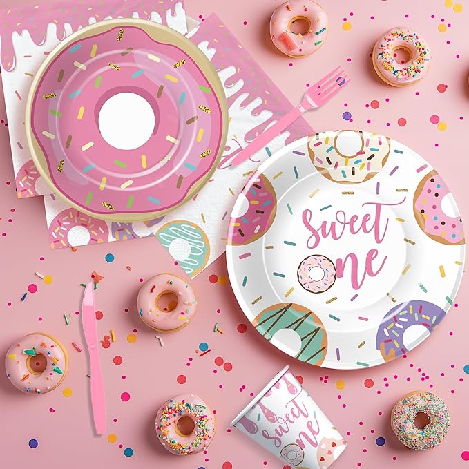 Xigejob Donut Sweet One Birthday Plates And Napkins Party Decorations Tableware Girls - Pink Donut 1st Birthday Party Supplies, Paper Plate, Cup, Napkin, Disposable Fork | Serves 24