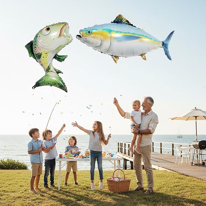 Realistic Fish Foil Balloons 4 Pack for Fishing Party Decorations - Gone Fishing Themed Birthday Supplies, Ocean Under the Sea Party Balloons, O-fish-ally One Decor (Tuna & Salmon)