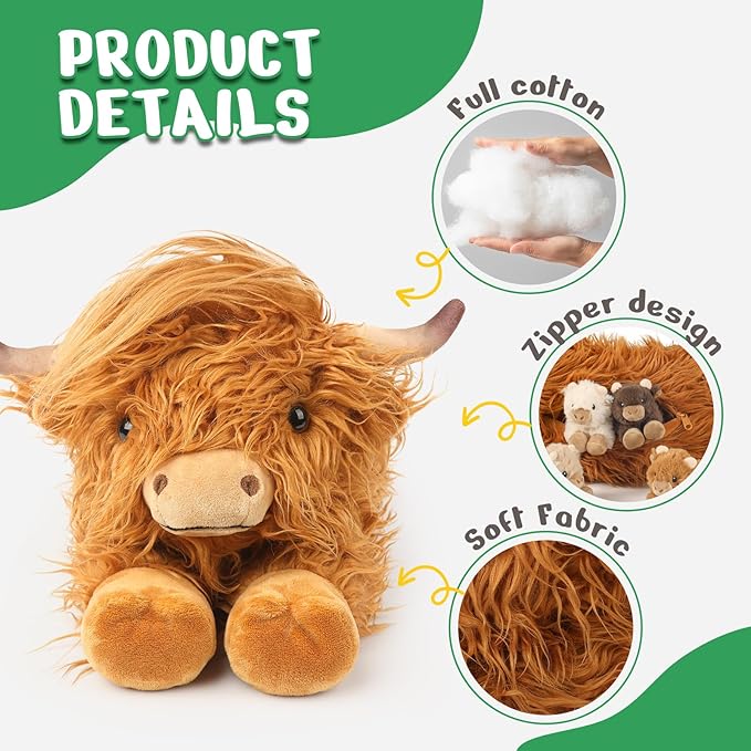 5PC Highland Cow Stuffed Animals with Babies Inside, 1 Mommy Highland Cow Plush & 4 Surprise Babies, Cute Soft Plush Toy for Kid Boy Girl Age 3-8, Gifts Ideal for Birthday, Christmas Imaginative Play