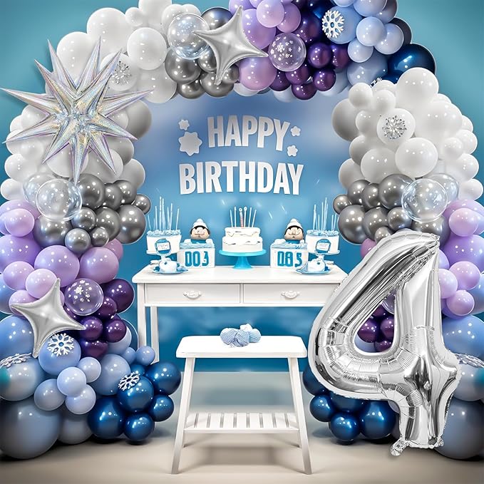 Snow 4th Birthday Decorations Girl, Snowflake Balloon Garland Arch Kit, Laser Explosion Star Balloons, Silver Number 4 Balloon Tower for Baby Shower Girls 4th Snow Theme Party Supplies