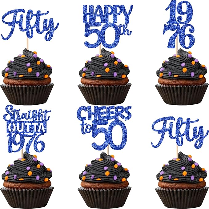 30 PCS 50th Birthday Cupcake Toppers Glitter Fifty Happy 50 Straight Outta 1976 Cupcake Picks for Cheers to 50 Fabulous 50th Birthday Anniversary Party Cake Decorations Supplier Blue