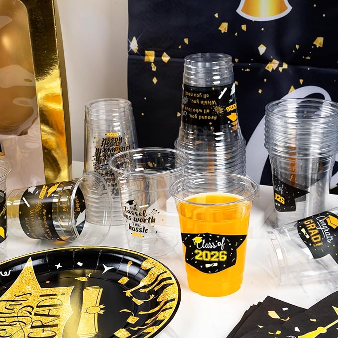 GuassLee Black and Gold Graduation Decorations 2026 Party Cups - 50pcs 12 Oz Black Gold Disposable Graduation Plastic Cups for Drinks Class of 2026 Grad Party Supplies
