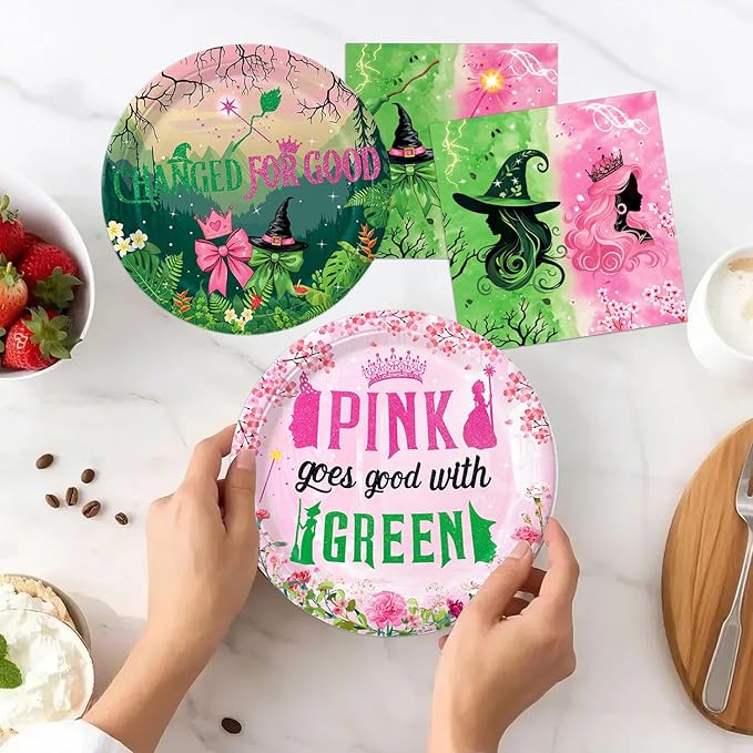 41pcs Witch Party Decorations Include 10pcs Pink Plates, 10pcs Green Plates, 20pcs Napkins, Tablecloth for Pink and Green Birthday Decorations