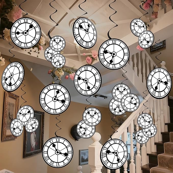 60Pcs Wonderland Clock Hanging Swirls Wonderland Tea Birthday Party Decorations Curious Clock Ceiling Streamers Fairytale Themed Hanging Decorations for Birthday Baby Shower Tea Party Supplies