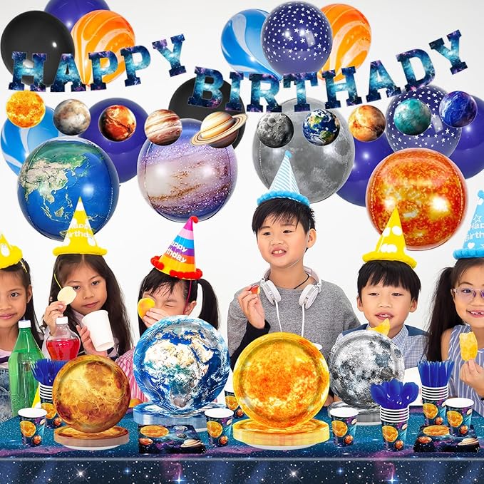182pcs Outer Space Birthday Party Supplies Space Party Plates Napkins Disposable Cups Tableware Set Tablecloth Banner and Balloons Boys Space Solar System Birthday Party Decorations 24 Serve