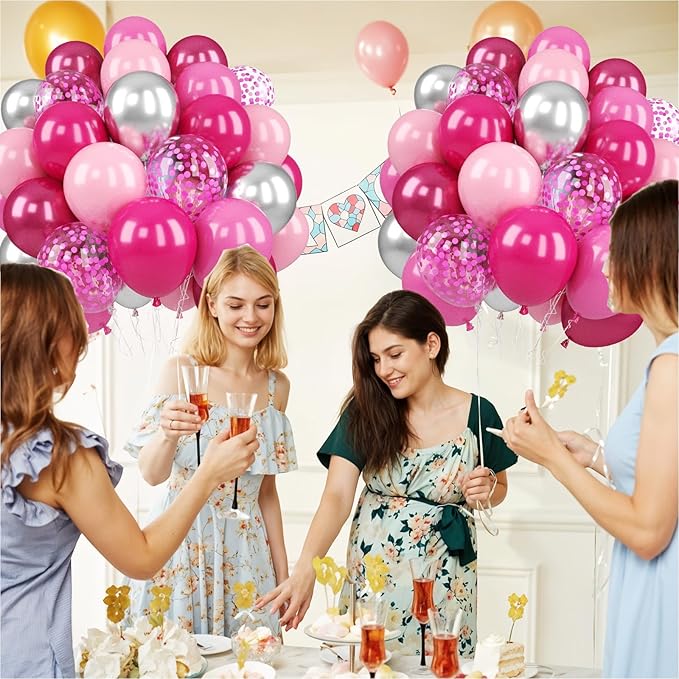 Paready Pink Balloons Set, 50PCS Hot Pink Latex Balloons, 12 Inch Confetti Balloon Metallic Silver Party Balloon Helium for Girls Women Baby Shower Princess Wedding Birthday Party Decorations