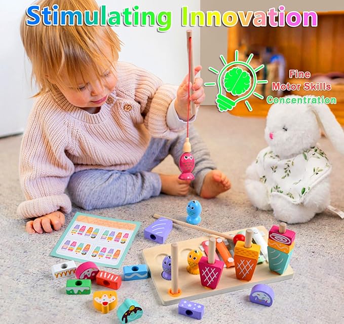 Wooden Montessori Toys for 3 Year Old，Shape Sorter Stacking Games, Fishing Games Preschool Learning Educational Toys for Boys Girls Toddlers (Ice Cream)