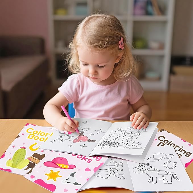 Cowgirl Coloring Books for Kids - 24Pcs Bulk Pink Western Cowgirl Mini Coloring Booklet DIY Art Drawing Book for Toddlers Holiday Birthday Cowboy Party Goodie Bags Stuffers Classroom Favors