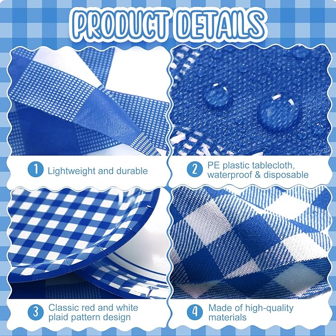 205 Pcs Party Supplies for 25 Guest Checkered Plaid Tablecloth Pennant Banner Plate Cup Napkin Cutlery and Straw for Birthday Party Family Dinner Picnic BBQ Birthday Party Decoration (Blue and White)