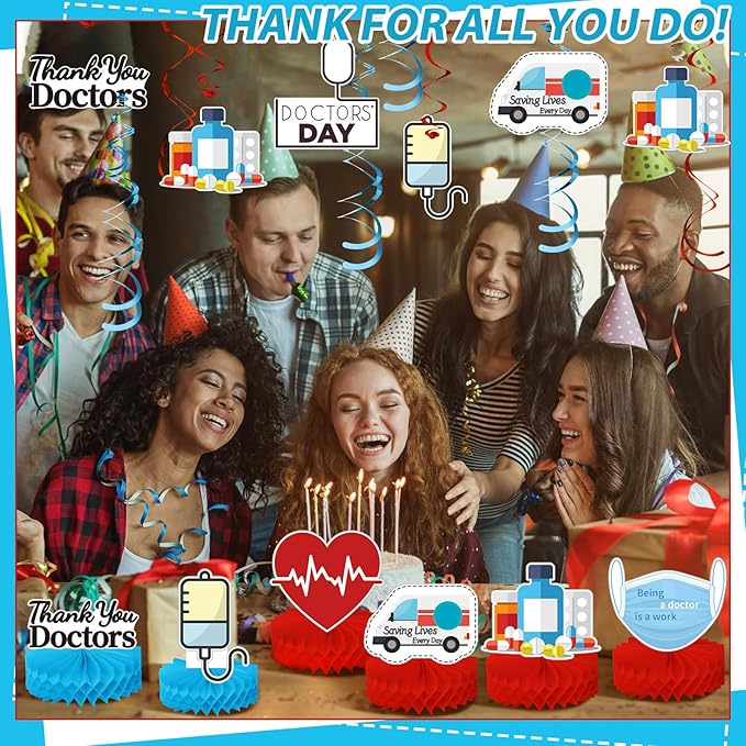 36 Pcs Doctor's Day Appreciation Decoration Thank You Doctor Table Honeycomb Centerpieces Appreciate Hanging Swirls Banner for National Doctors' Day Medical Students Party Supplies