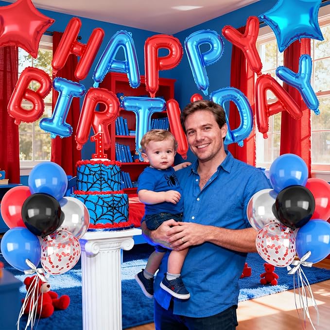 29PC Blue and Red Happy Birthday Balloon Banner, 16Inch 3D Aluminum Letter Banner Sign, Red Blue and Silver Balloons 18 Inch Star Foil Balloon for Women, Men Party Supply