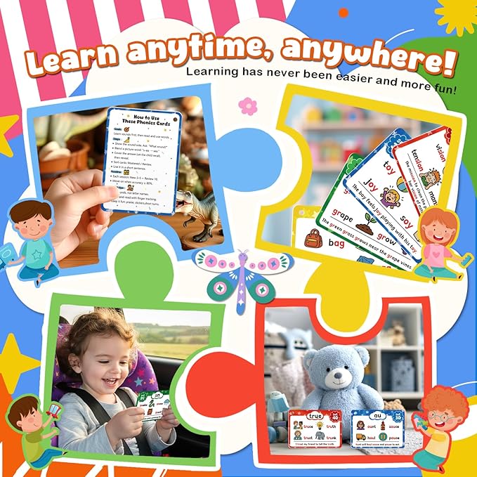 Phonics Flash Cards, Sight Words Flash Cards for Kindergarten, Learn to Read in 20 Phonic Stages, and Phonics Games for Kids Ages 4-8, Suitable for Kindergarten, First, and Second Grade