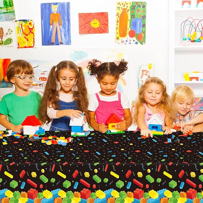 chiazllta 3 Pcs Building Blocks Tablecloth 105 x 54 inches - Building Blocks Theme Party Decorations Disposable Plastic Table Cover for Children Kids Birthday Party Decor Supplies Favors (Black)