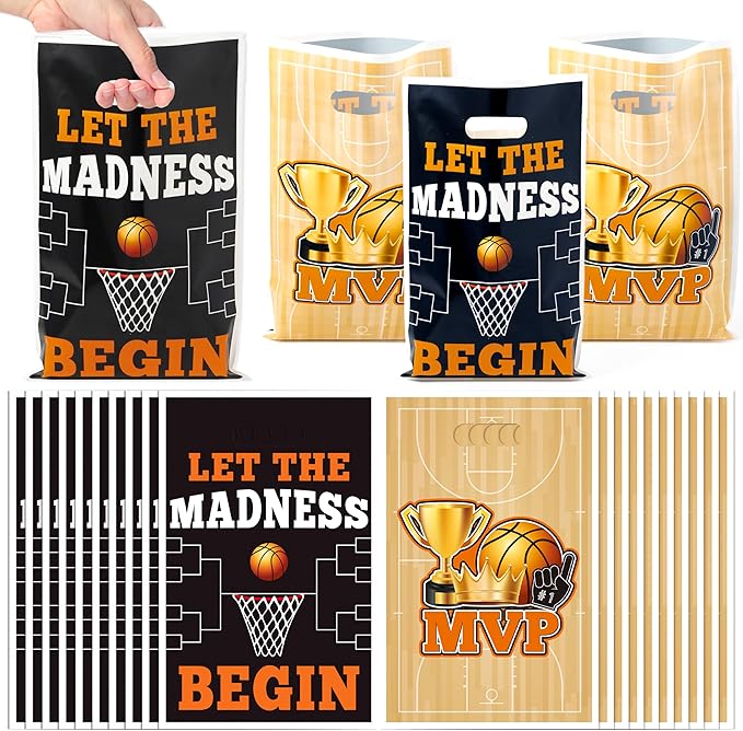 Basketball Party Favor Bags - 50Pcs Plastic March Madness Candy Treat Gift Bags with Handles Match Party Decoration Snack Goodie Bag Birthday Sport Theme Party Supplies for Basketball Lovers