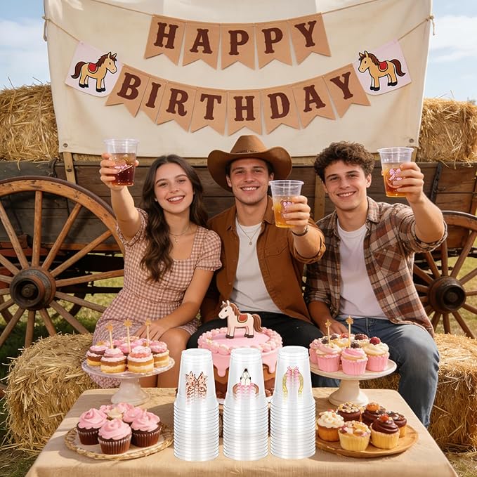 50 Pcs 12oz Western Cowgirl Party Decorations Clear Plastic Cups - Western Birthday Party Supplies for Cowgirl Theme Party