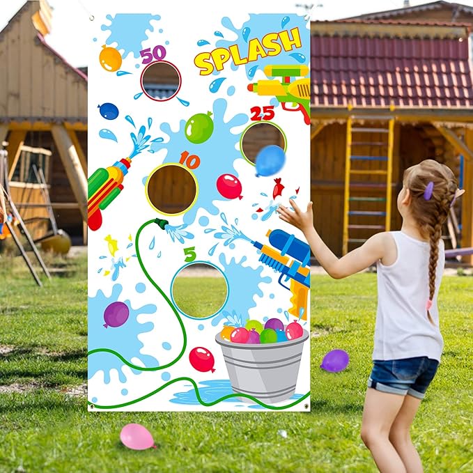 Toss Game Banner for Water Balloons, 4 Score Holes Shooter Target for Water Gun, Swimming Pool Fun Addition Toy for Throwing Water Bomb, Summer Splash Fun for Adults, Pool Party Supplies