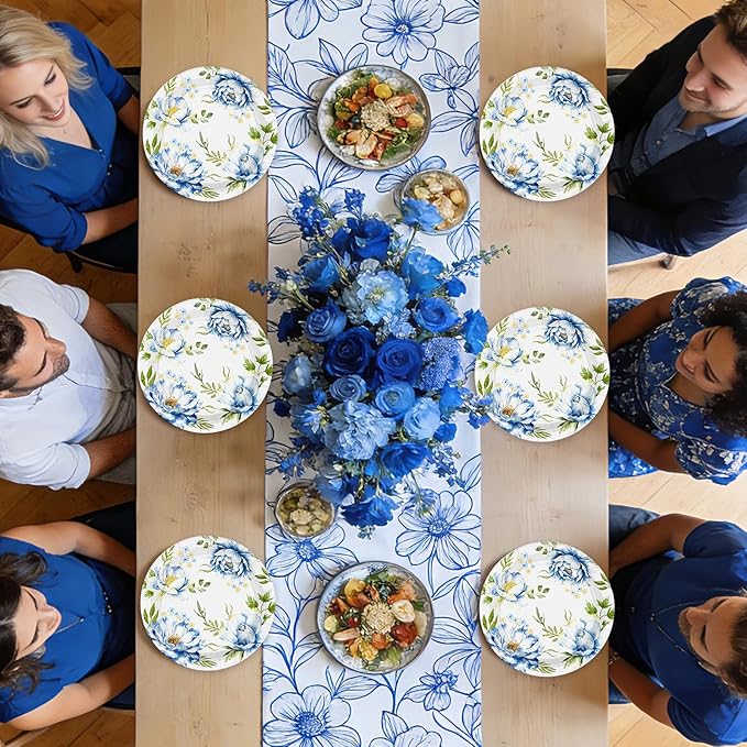 50Pcs Spring Flowers Floral Paper Plates 10 Inch Heavy Duty Disposable Spring Blue Floral Peony Party Decorations Spring Flowers Themed Plates for Wedding Boho Picnic Birthday Dinner Party Supplies