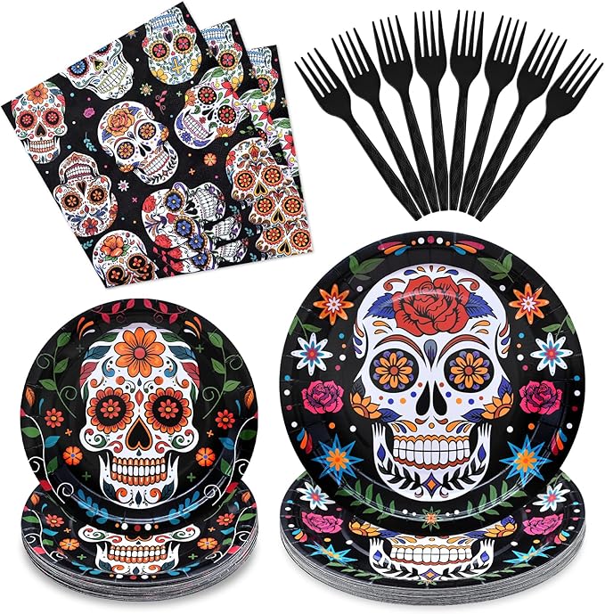 96 Pieces Day of the Dead Tableware Set - Mexican Sugar Skull Pattern Disposable Plates, Napkins, and Forks for Dia de los Muertos, Halloween, Fiesta, and Cultural Celebrations – Serves 24