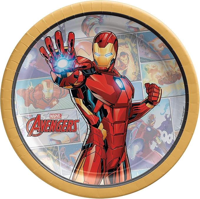 Iron Man Birthday Party Supplies Bundle includes 24 Dessert Cake Paper Plates 7" and 1 Dinosaur Sticker Sheet