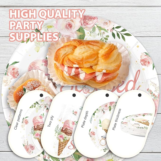 96 Pcs Ice Cream Bridal Shower Decorations Disposable She's Been Scooped Up Paper Plates and Napkins Pink Floral Tableware Set for Women Bridal Shower Wedding Engagement Bachelorette Party Supplies
