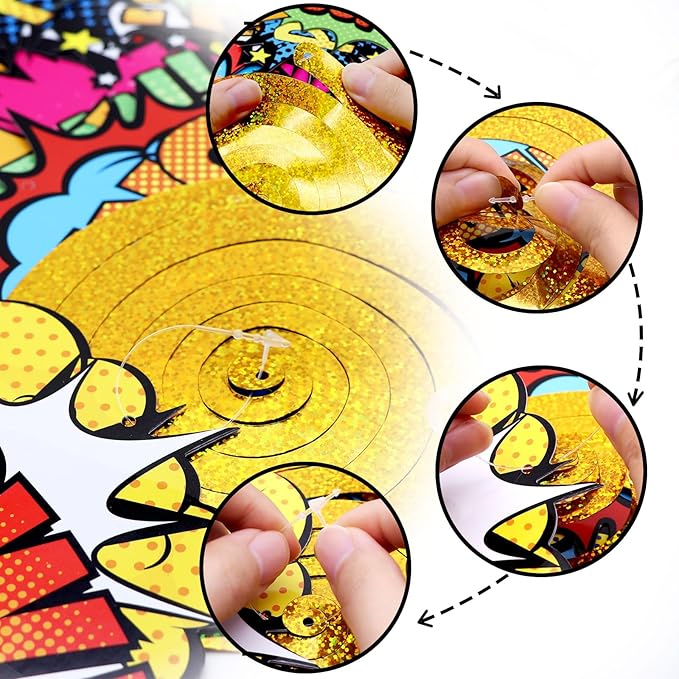 Superhero Hanging Swirls 30 Pack Hero Action Sign Foil Ceiling Hanging Swirls Streams Banner Decor Garland for Kids Superhero Baby Shower Celebrating Events Birthday Party Supplies Room Wall Decor